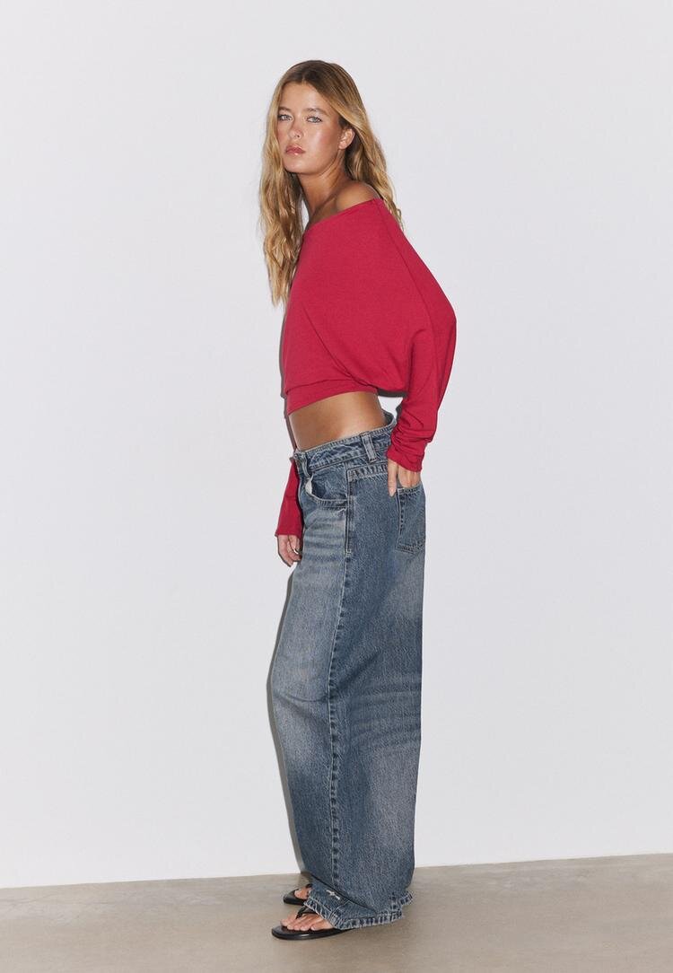 Stradivarius Blugi Barrel Talie Joasă Efect Prespălat Denim Albastru Mediu 40