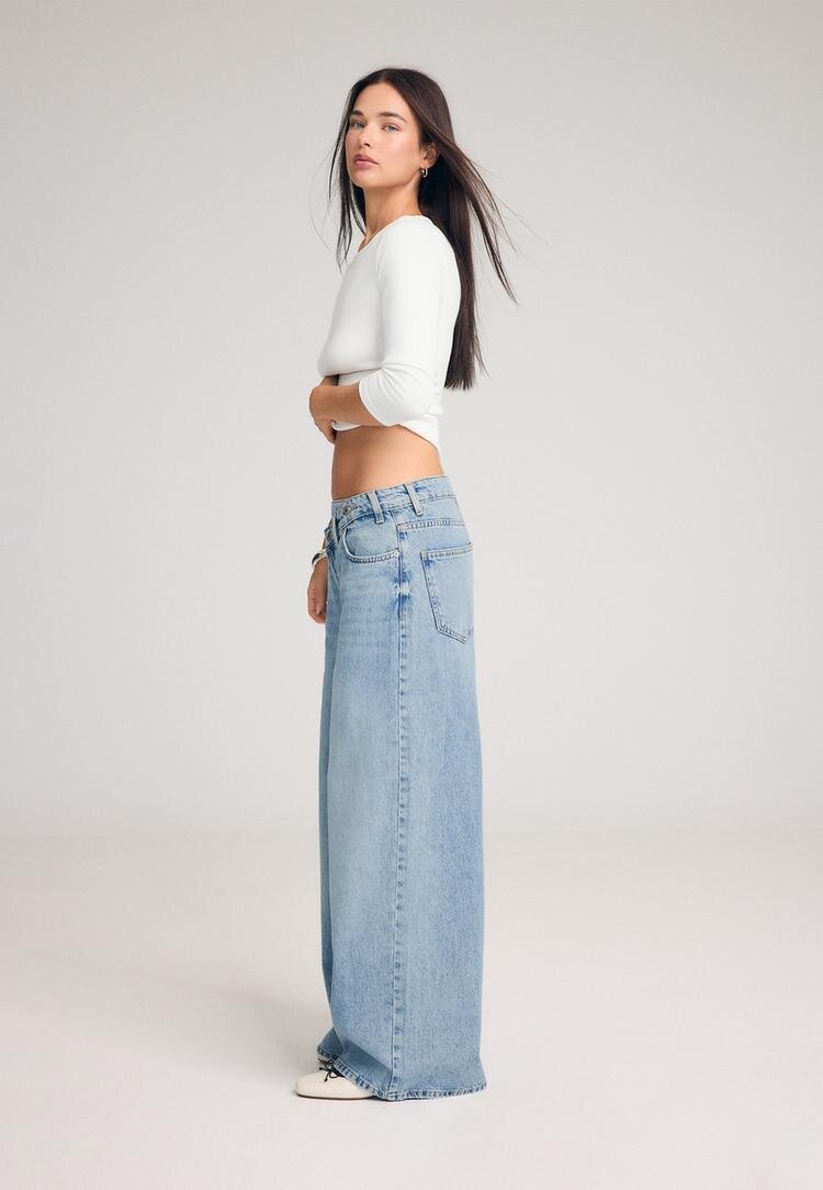 Stradivarius Blugi Cu Talie Încrucișată Efect Prespălat Denim Albastru Mediu Deschis 42
