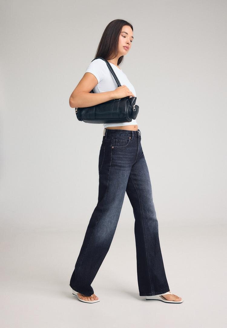 Stradivarius Blugi D92 Straight Wide Efect Prespălat Denim Gri Perlat 32