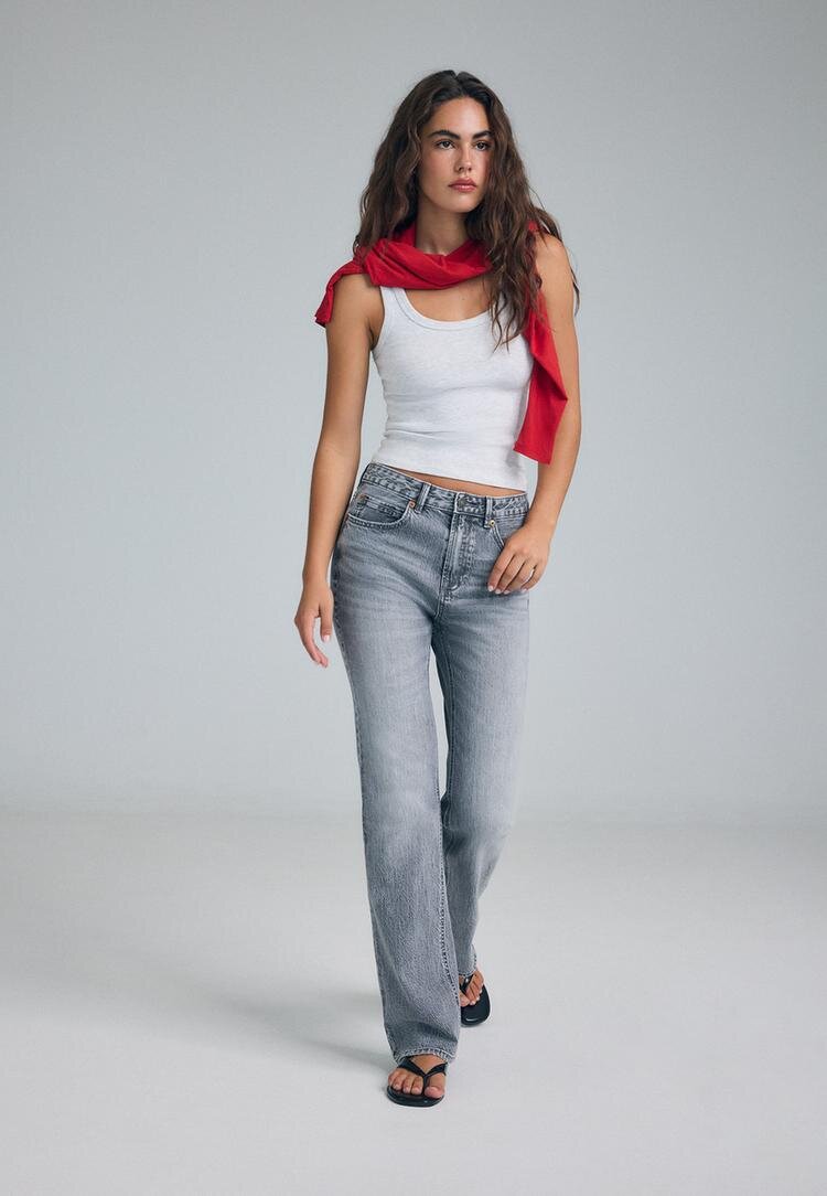 Stradivarius Blugi D98 Straight Cu Aspect Vintage Efect Prespălat Gri Denim Culoare Închisă 38