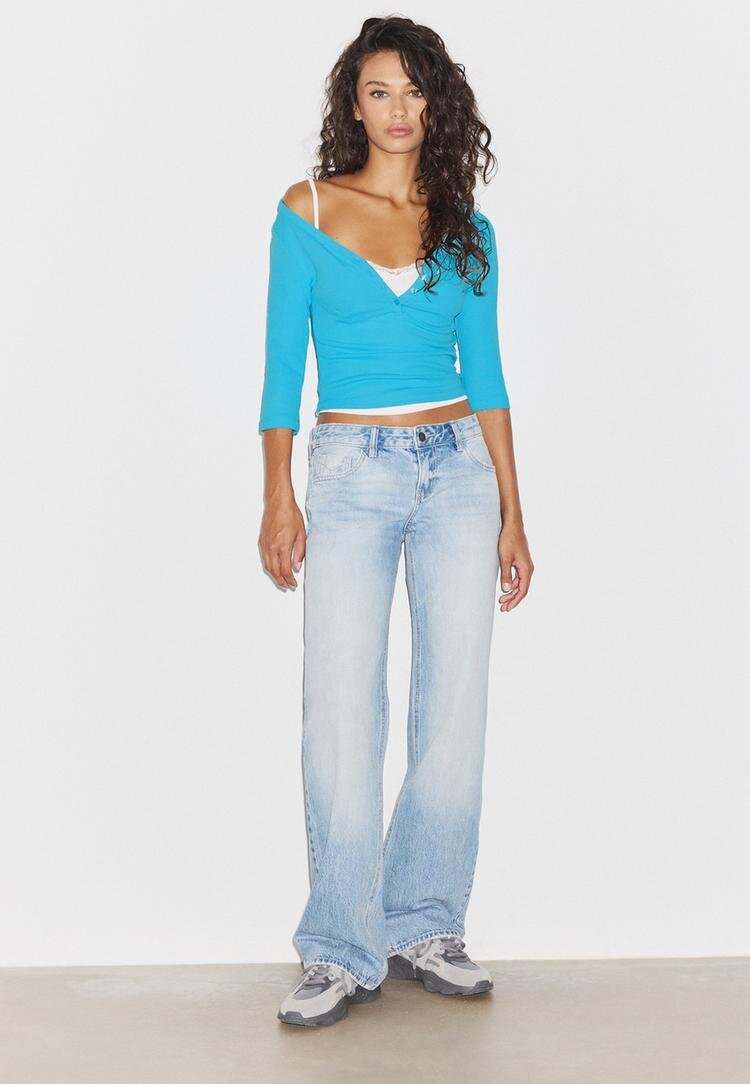 Stradivarius Blugi Drepți Cu Talie Joasă Efect Prespălat Denim Albastru Mediu Deschis 40