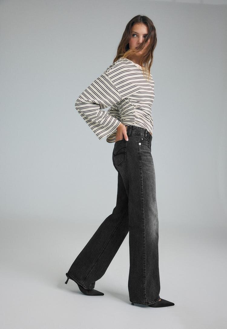 Stradivarius Blugi Drepți Cu Talie Joasă Și Betelie Martillo Denim Negru Efect Prespălat 42