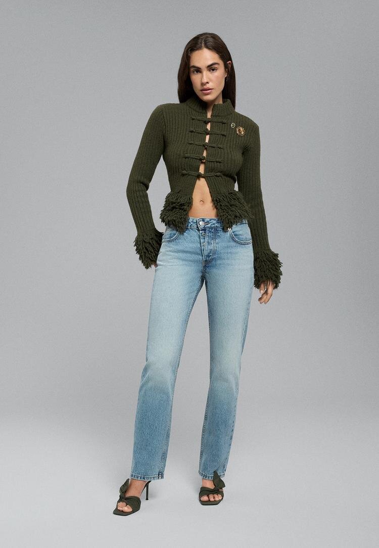 Stradivarius Blugi Drepți Slim Fit Efect Prespălat Denim Albastru Mediu 42