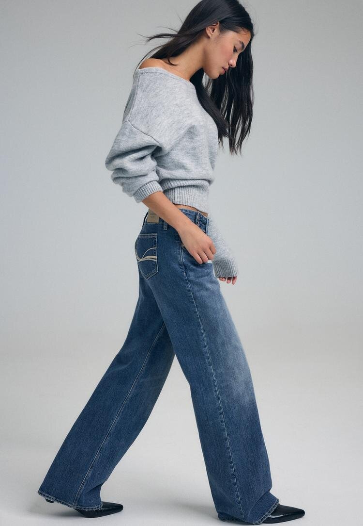 Stradivarius Blugi Drepți Talie Joasă Tip Martillo Efect Prespălat Denim Albastru Mediu 42
