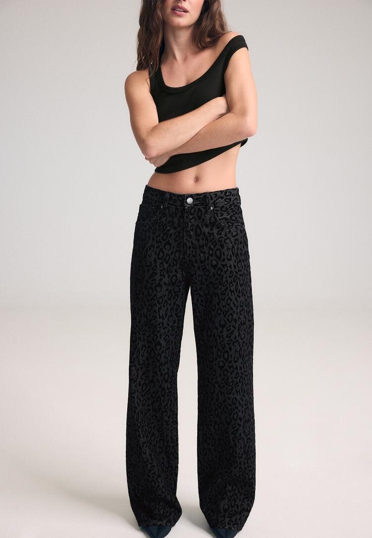 Stradivarius Blugi Flock Cu Imprimeu Leopard Denim Negru Efect Prespălat 36