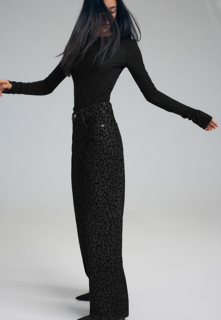 Stradivarius Blugi Flock Cu Imprimeu Leopard Gri Închis 40