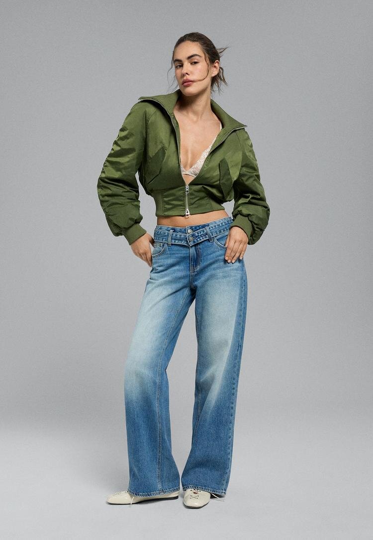 Stradivarius Blugi Largi Cu Talie Dublă Efect Prespălat Denim Albastru Mediu 32