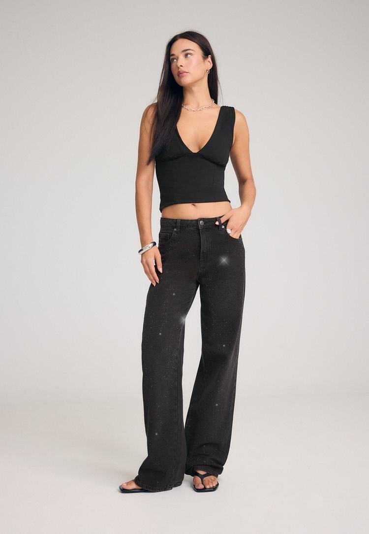 Stradivarius Blugi Straight Fit Cu Sclipici Denim Negru Efect Prespălat 40