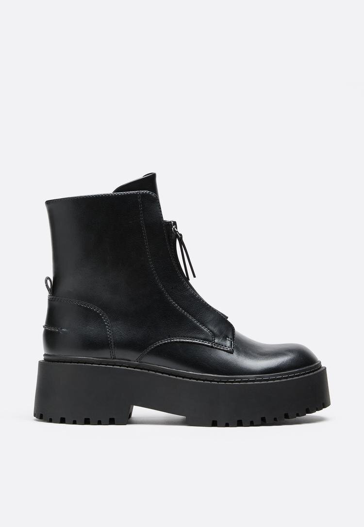 Stradivarius Botine Plate Cu Platformă Și Fermoar Negru 41