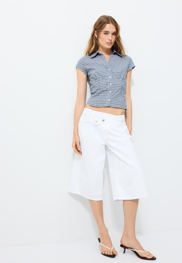 Stradivarius Cămașă Cu Mânecă Scurtă Și Cusătură Sub Bust Bleumarin Xs