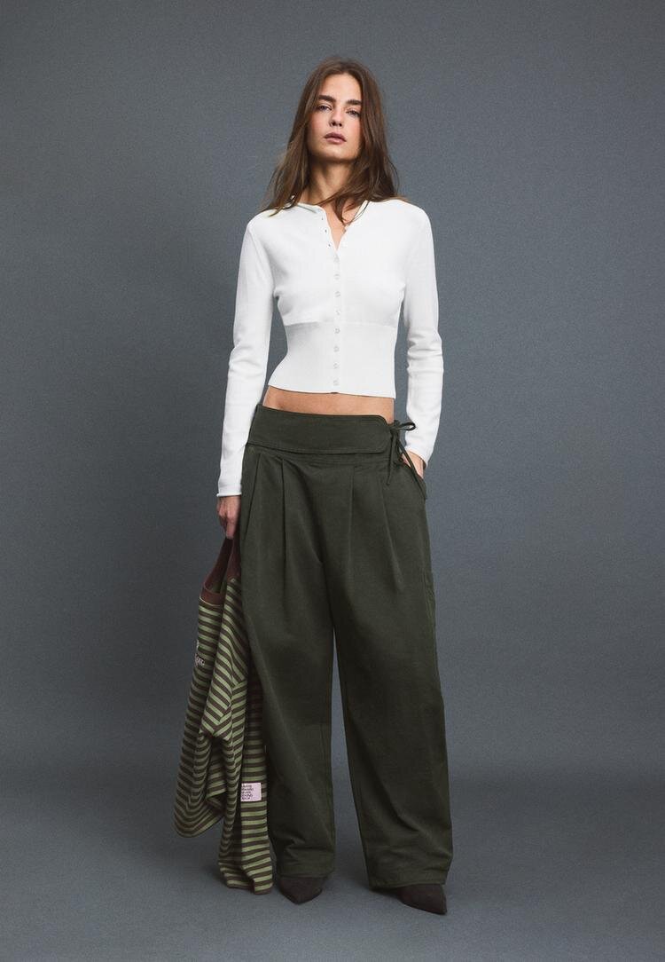 Stradivarius Cardigan Cambrat Cu Guler Cu Bandă Ecru S