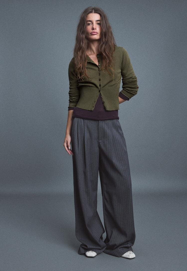 Stradivarius Cardigan Cambrat Cu Guler Cu Bandă Kaki L