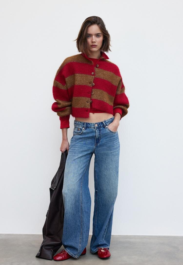 Stradivarius Cardigan Cu Dungi Și Guler Funnel Bej M