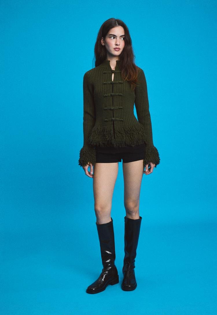 Stradivarius Cardigan Din Tricot Cu Franjuri Verde Xs