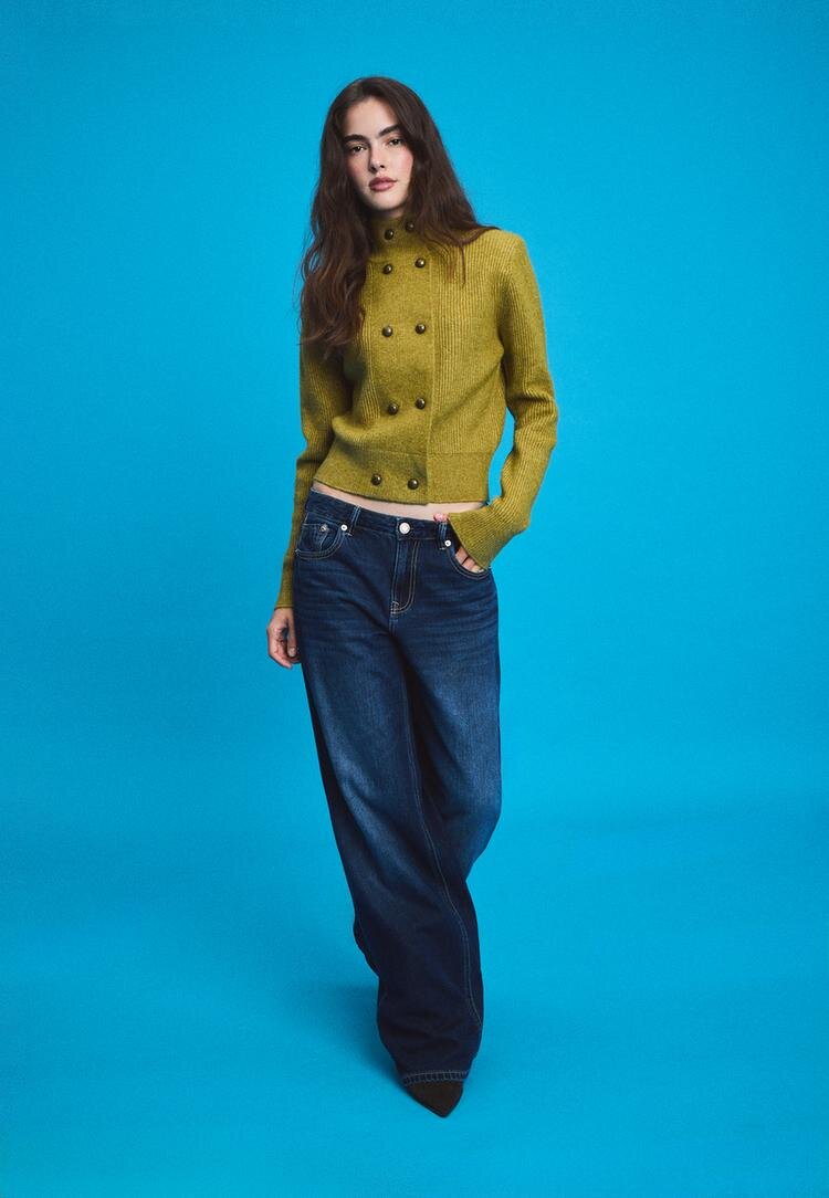 Stradivarius Cardigan Din Tricot Cu Guler Înalt Și Rând Dublu De Nasturi Verde Măsliniu L