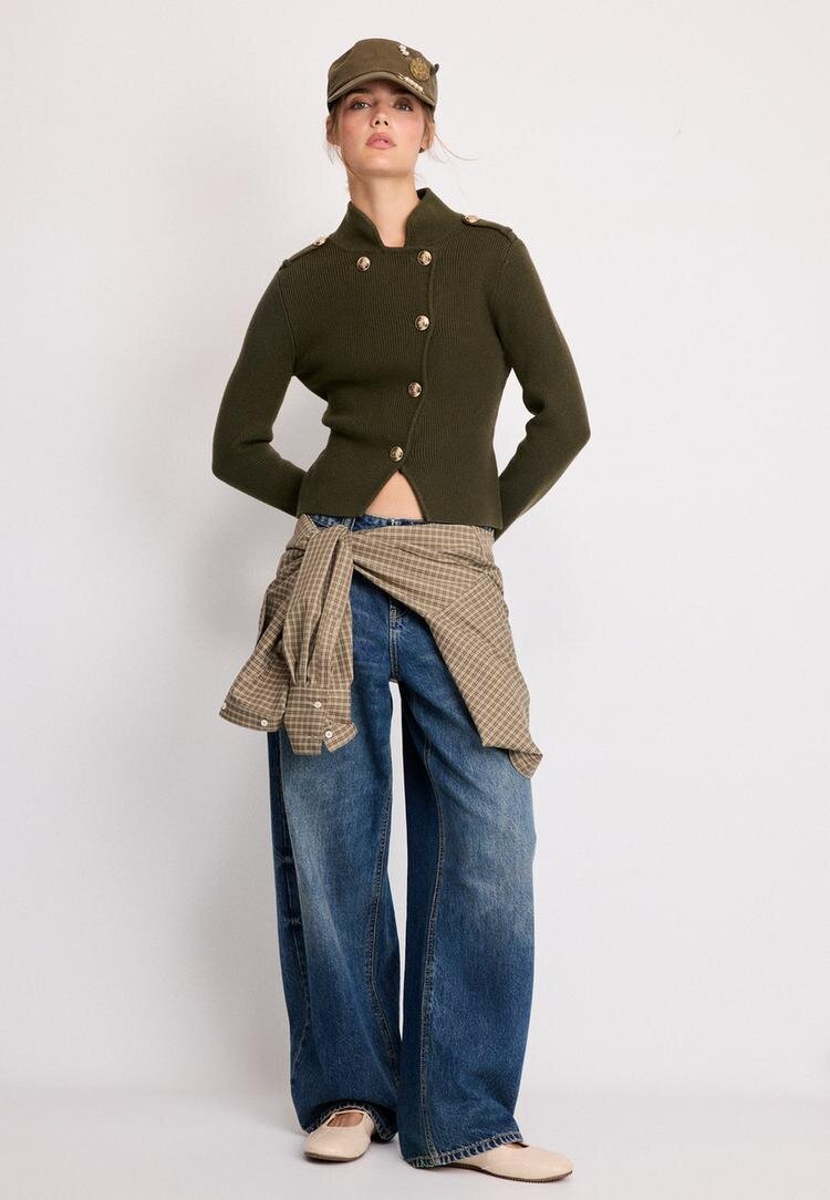 Stradivarius Cardigan Din Tricot Cu Nasturi Kaki M