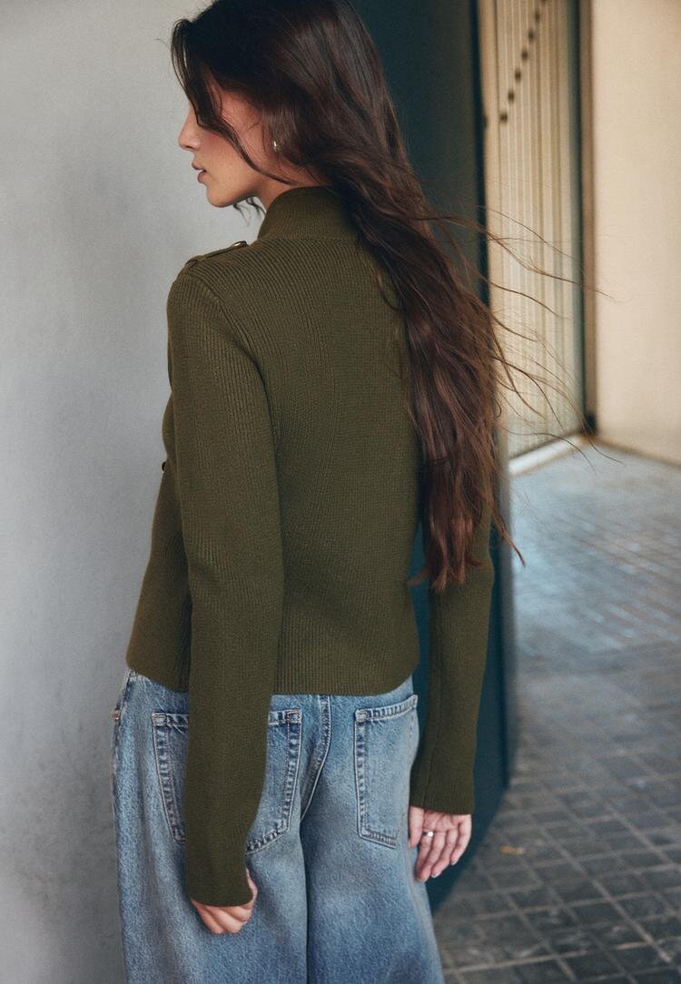 Stradivarius Cardigan Din Tricot Cu Nasturi Kaki S