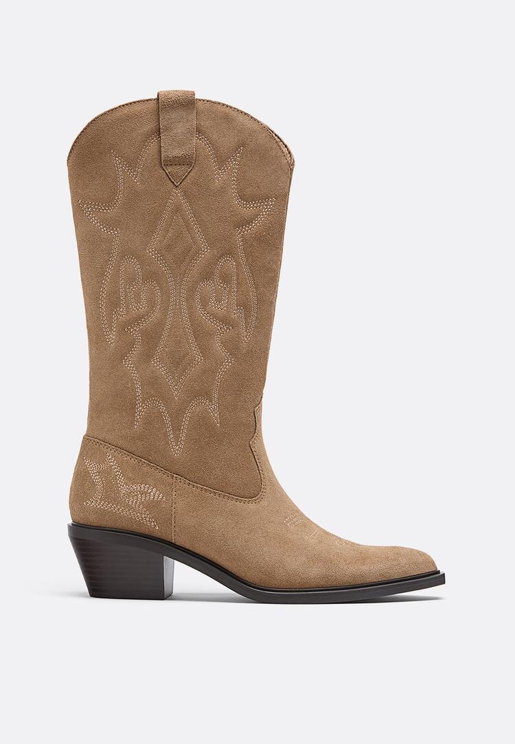 Stradivarius Cizme Cowboy Din Piele Cu Toc Bej 38