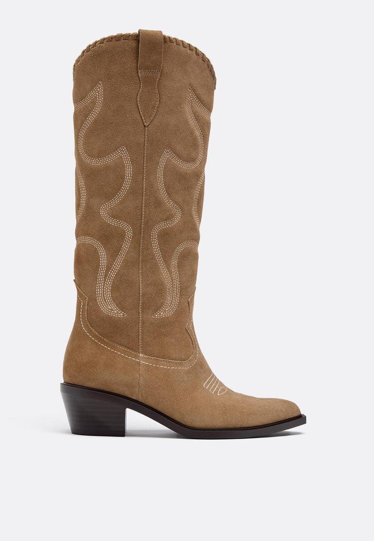 Stradivarius Cizme Cowboy Din Piele Cu Toc Bej 40