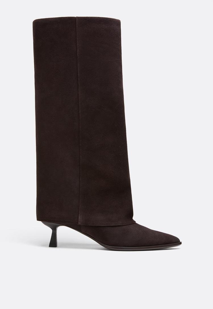 Stradivarius Cizme Din Piele Cu Toc Kitten Și Pantaloni Cu Picior Maro 39