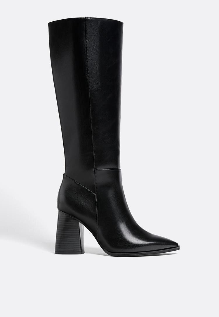 Stradivarius Cizme Înalte Negre Cu Toc Negru 41