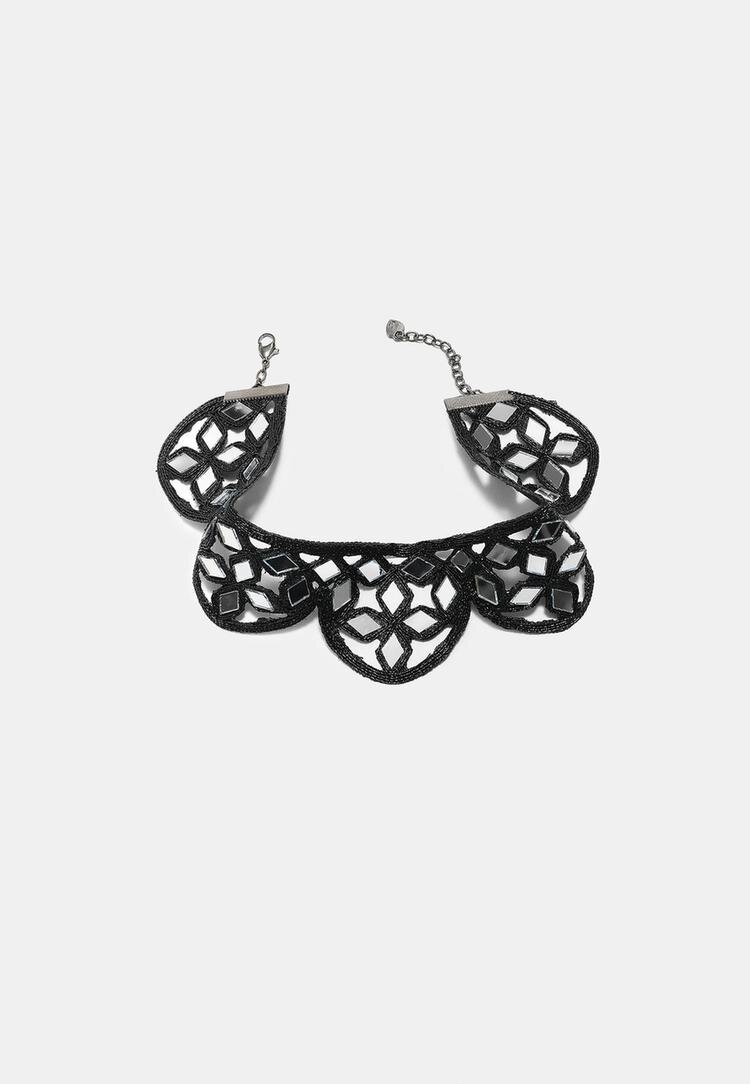 Stradivarius Colier Choker Cu Oglinzi Și Margini Ondulate Negru Os