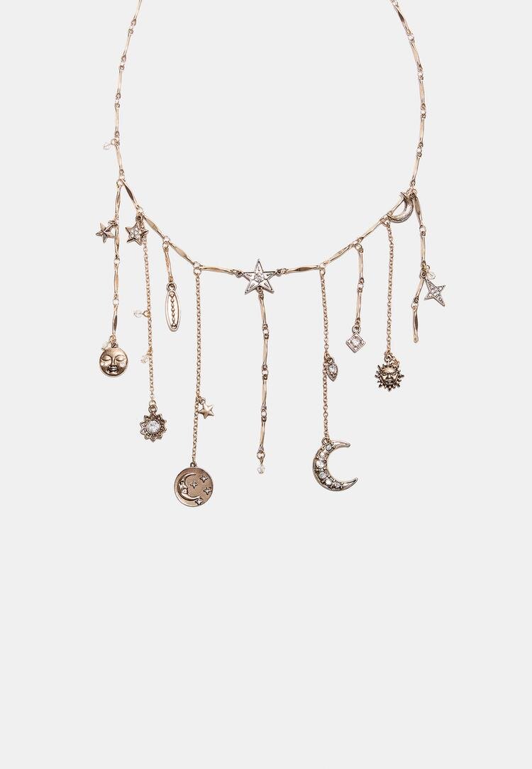 Stradivarius Colier Multicharm Cu Lună Și Stea Auriu Os