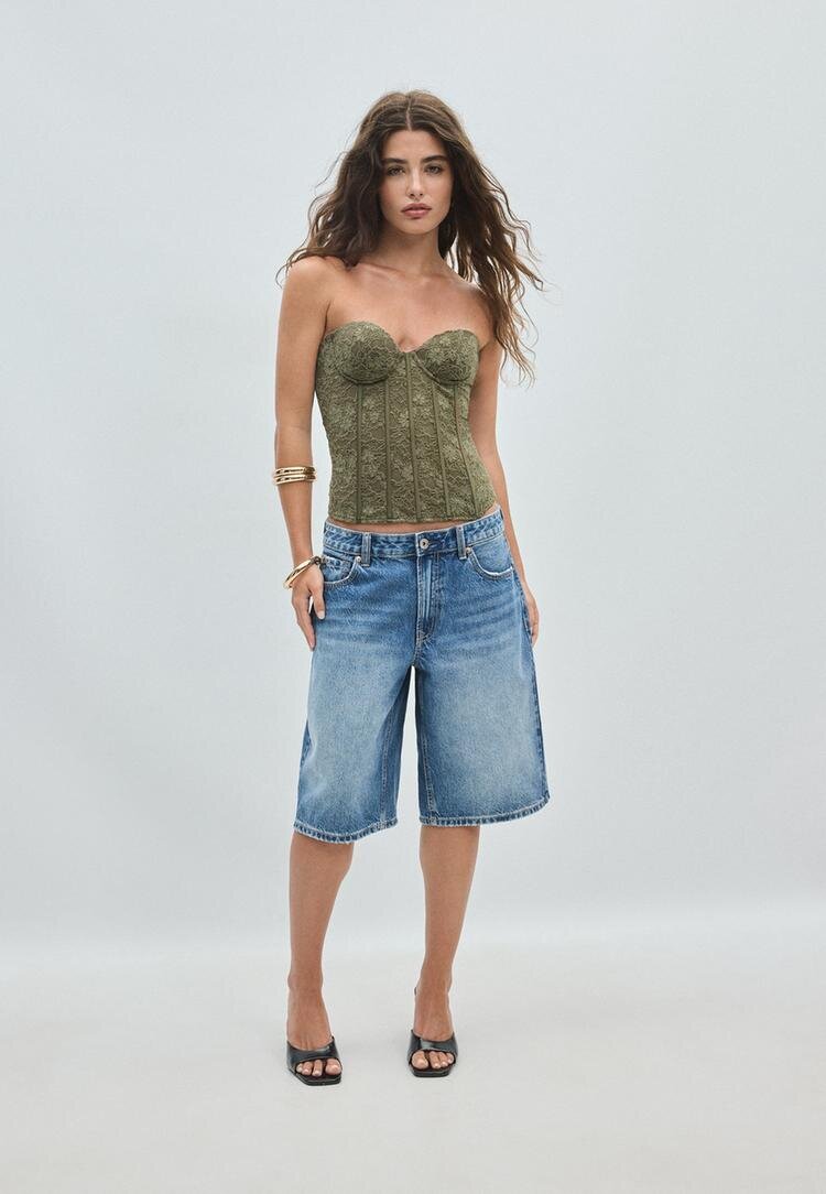 Stradivarius Corset Din Dantelă Cu Balene Verde Închis S