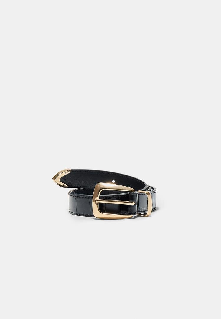 Stradivarius Curea Cu Aspect De Crocodil Negru 70