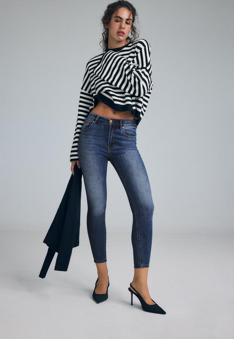Stradivarius D07 Blugi Skinny Visoki Struk Efect Prespălat Denim Overdyed 42