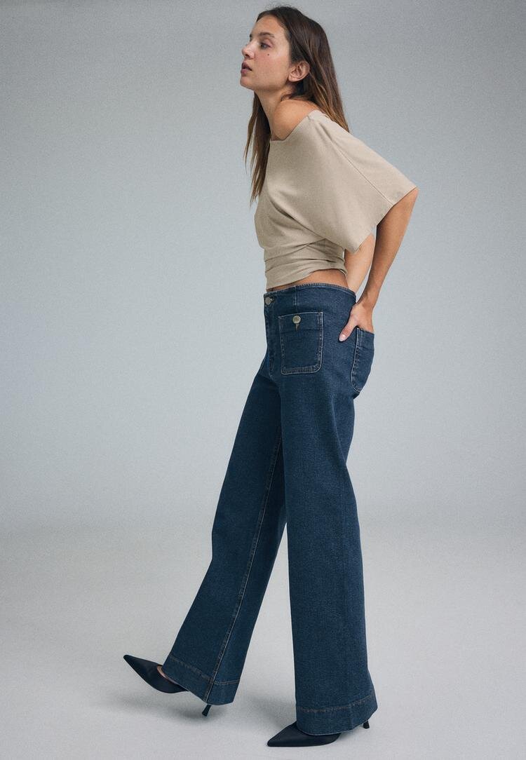 Stradivarius D77 Blugi Minimalist Cu Buzunare Efect Prespălat Denim Albastru Mediu 40