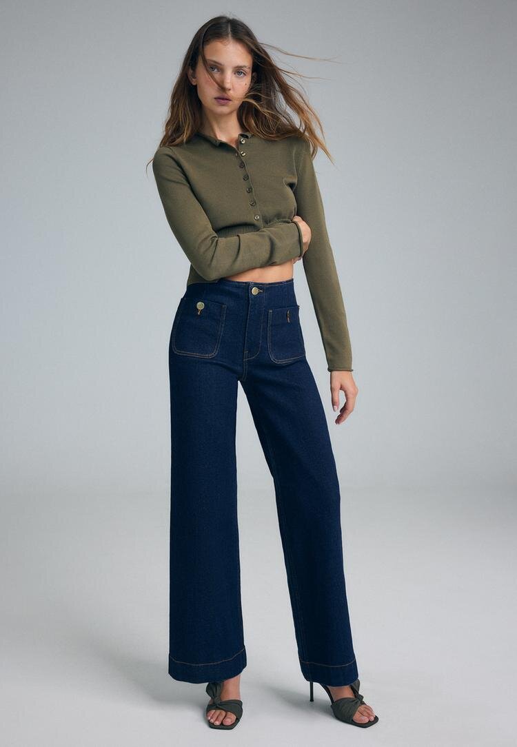 Stradivarius D77 Blugi Minimalist Cu Buzunare Efect Prespălat Denim Overdyed 44