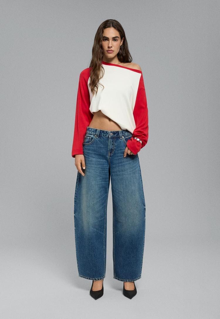 Stradivarius D80 Blugi Barrel Fit Efect Prespălat Denim Albastru Mediu 34