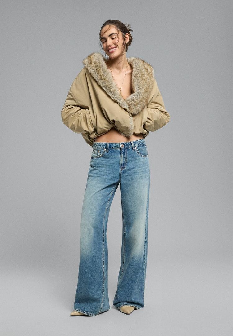 Stradivarius D91 Blugi Largi Cu Talie Joasă Albastru Overdye 40