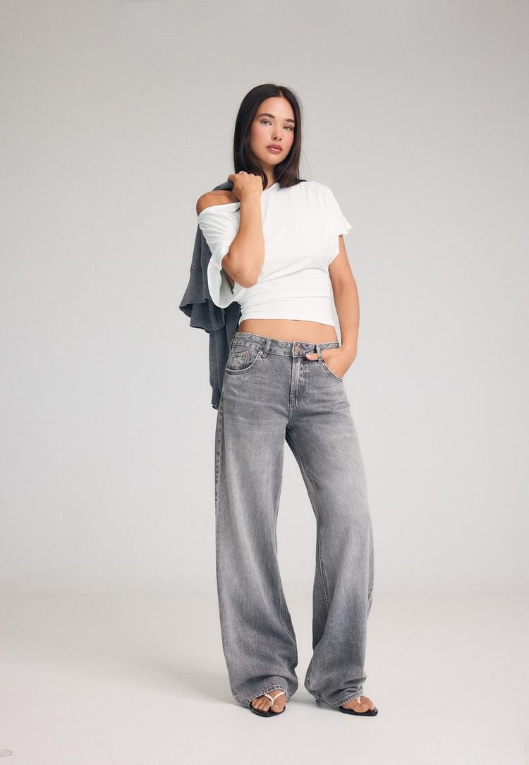 Stradivarius D91 Blugi Largi Cu Talie Joasă Efect Prespălat Gri Denim 32
