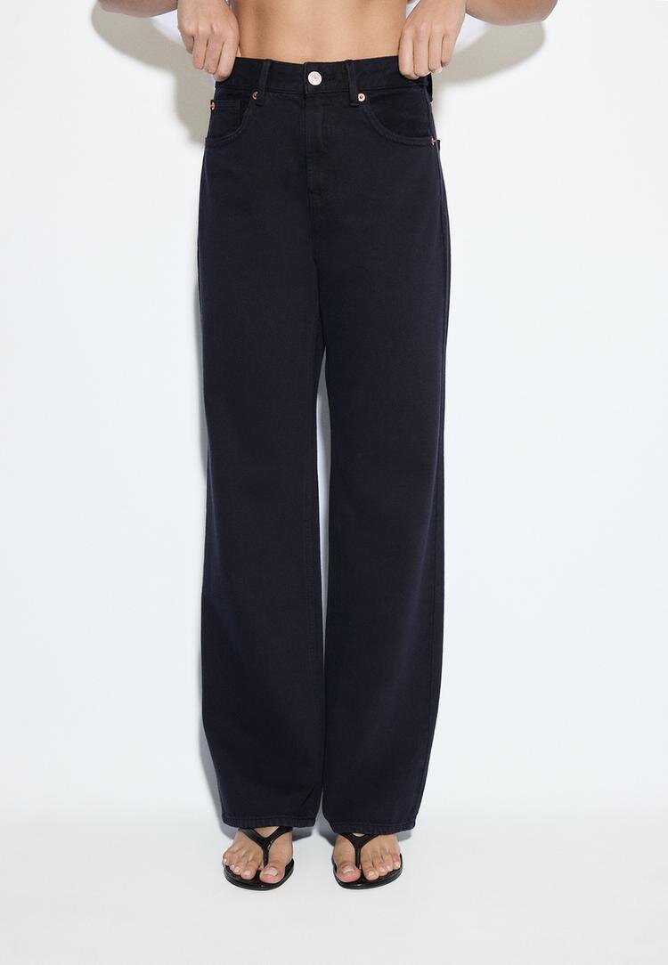 Stradivarius D92 Blugi Straight Wide Cu Rupturi Bleumarin Închis 34