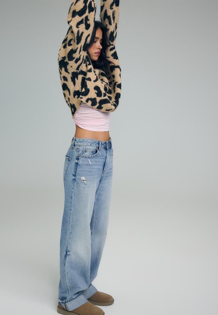 Stradivarius D92 Blugi Straight Wide Cu Rupturi Denim Albastru 36