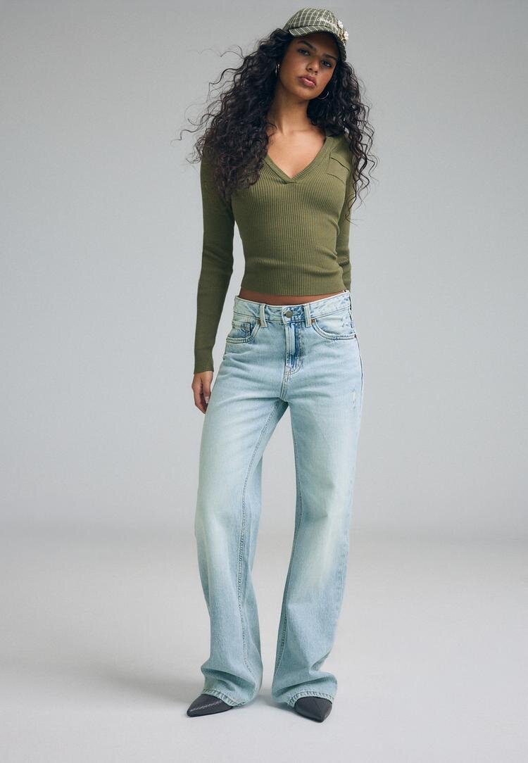 Stradivarius D92 Blugi Straight Wide Cu Rupturi Efect Prespălat Denim Albastru Deschis 40