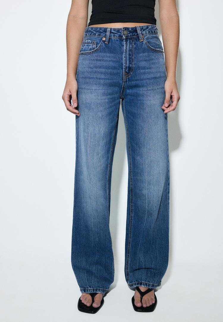 Stradivarius D92 Blugi Straight Wide Cu Rupturi Efect Prespălat Denim Albastru Mediu 44