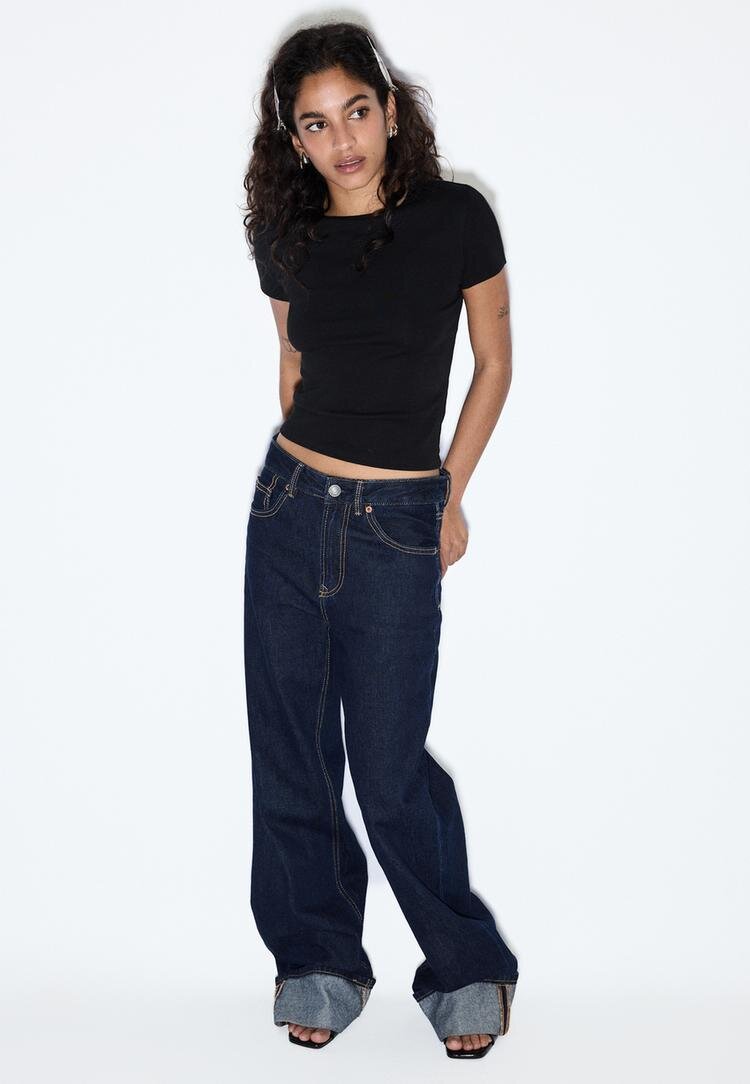Stradivarius D92 Blugi Straight Wide Cu Rupturi Efect Prespălat Denim Descleiat 42