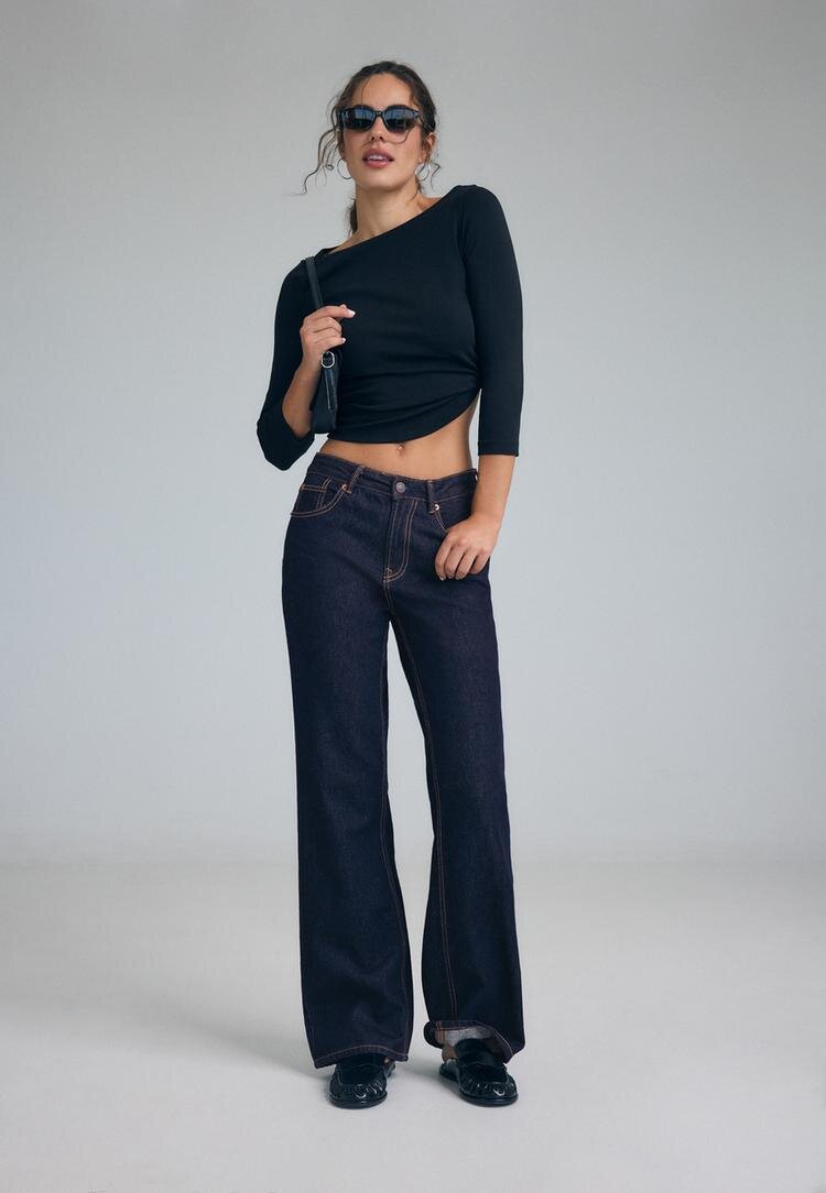 Stradivarius D92 Blugi Straight Wide Cu Rupturi Efect Prespălat Denim Overdyed 32