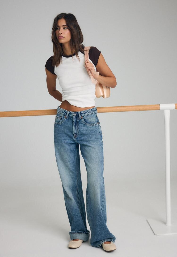 Stradivarius D92 Blugi Straight Wide Cu Rupturi Efect Prespălat Denim Overdyed 36