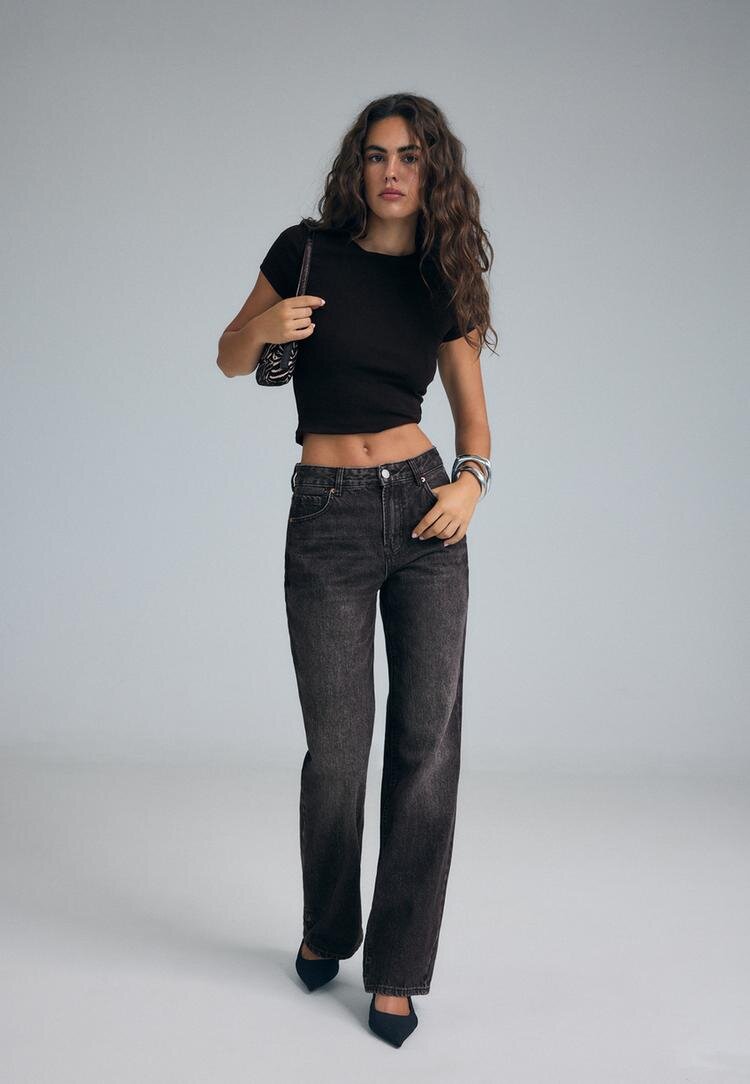 Stradivarius D92 Blugi Straight Wide Cu Rupturi Efect Prespălat Negru Denim 34