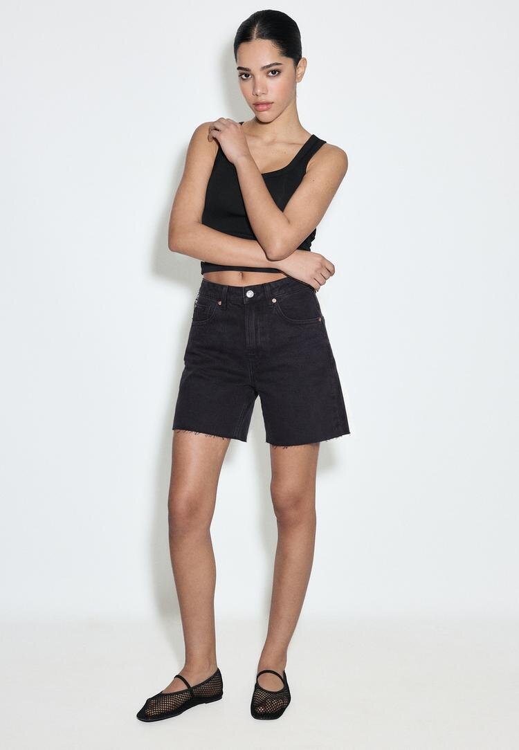 Stradivarius D93 Pantaloni Scurți Longline Negru Spălat 40