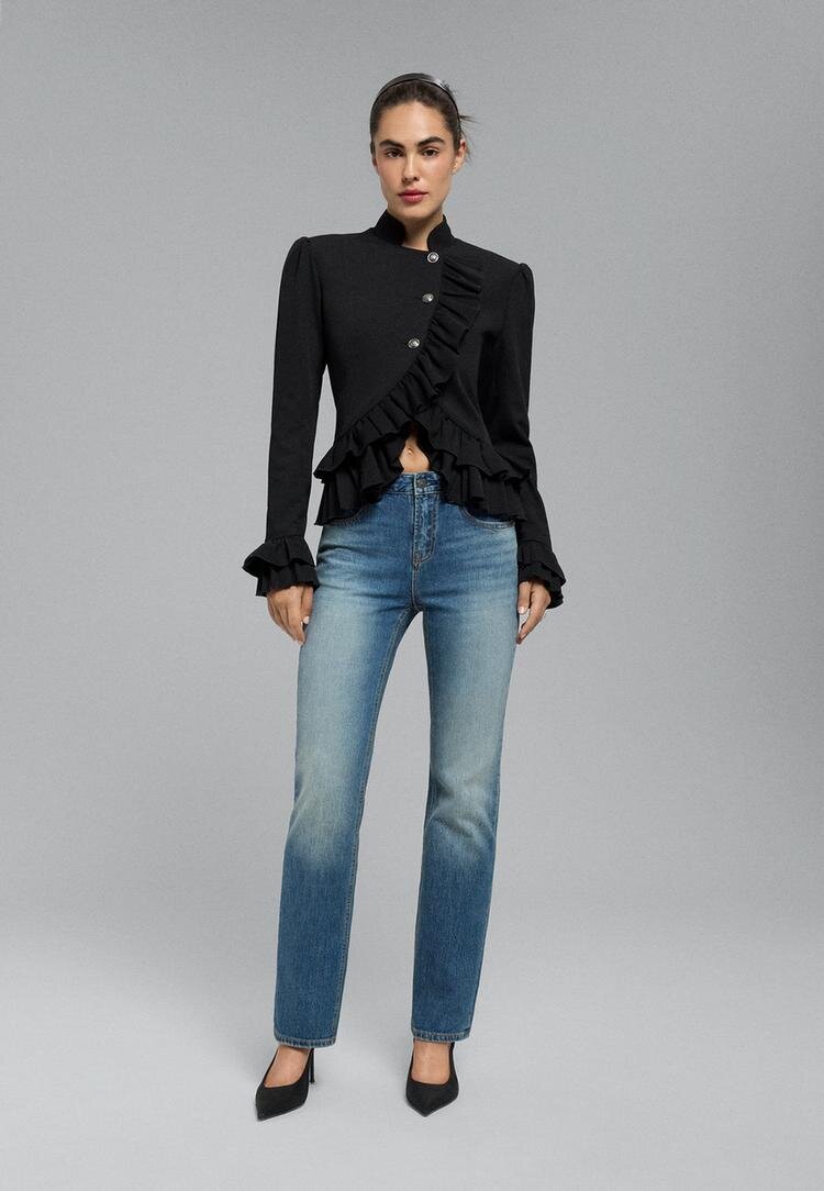 Stradivarius D98 Blugi Straight Cu Aspect Vintage Efect Prespălat Denim Albastru Mediu 40