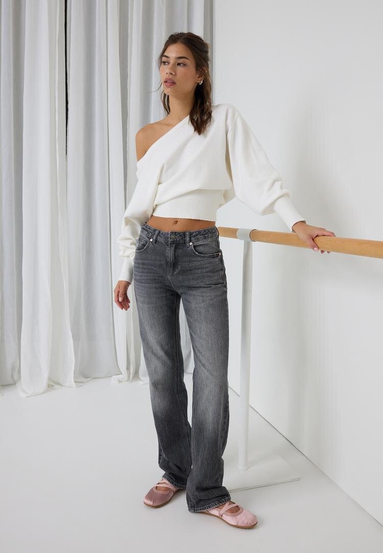 Stradivarius D98 Blugi Straight Efect Vintage Efect Prespălat Gri Denim Culoare Închisă 32