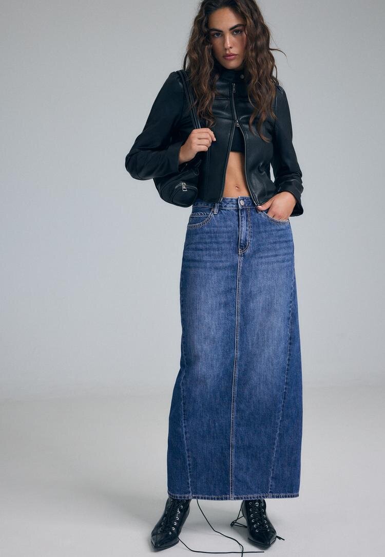 Stradivarius Fustă Lungă Din Denim Efect Prespălat Denim Albastru Mediu 40