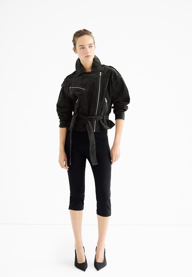 Stradivarius Geacă Biker 100% Piele Gri Închis M