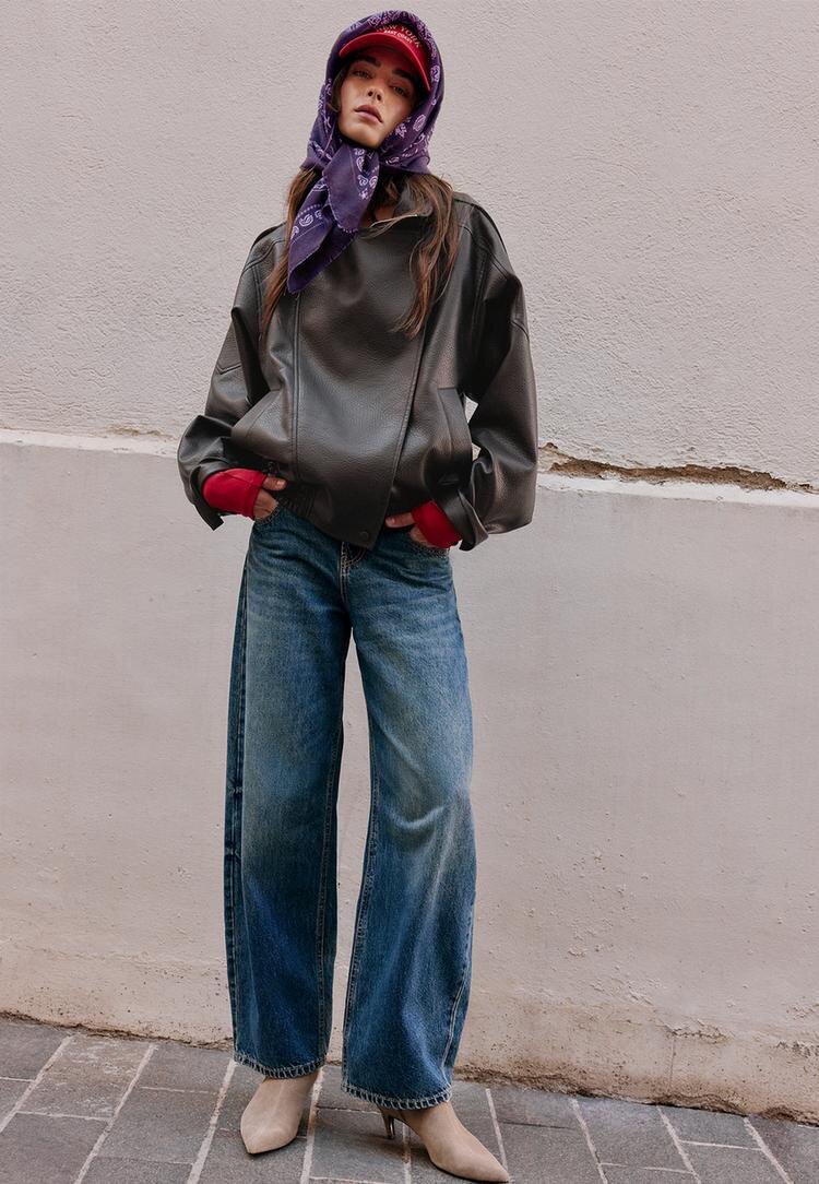 Stradivarius Geacă Biker Oversize Din Imitație De Piele Maro M