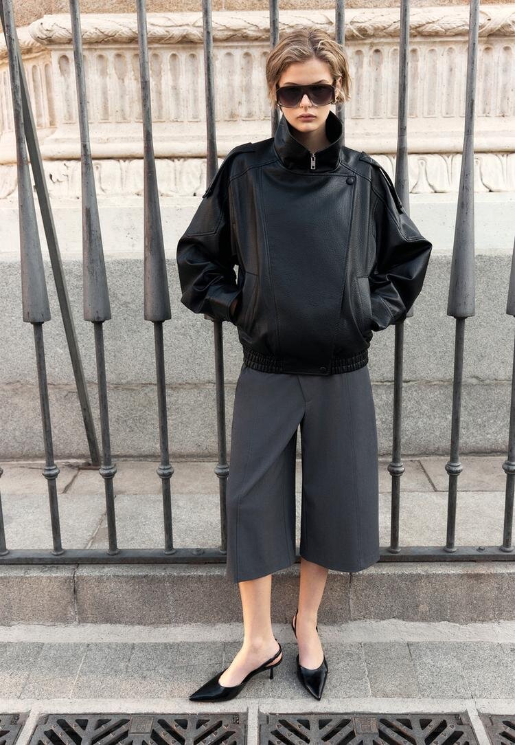 Stradivarius Geacă Biker Oversize Din Imitație De Piele Negru M